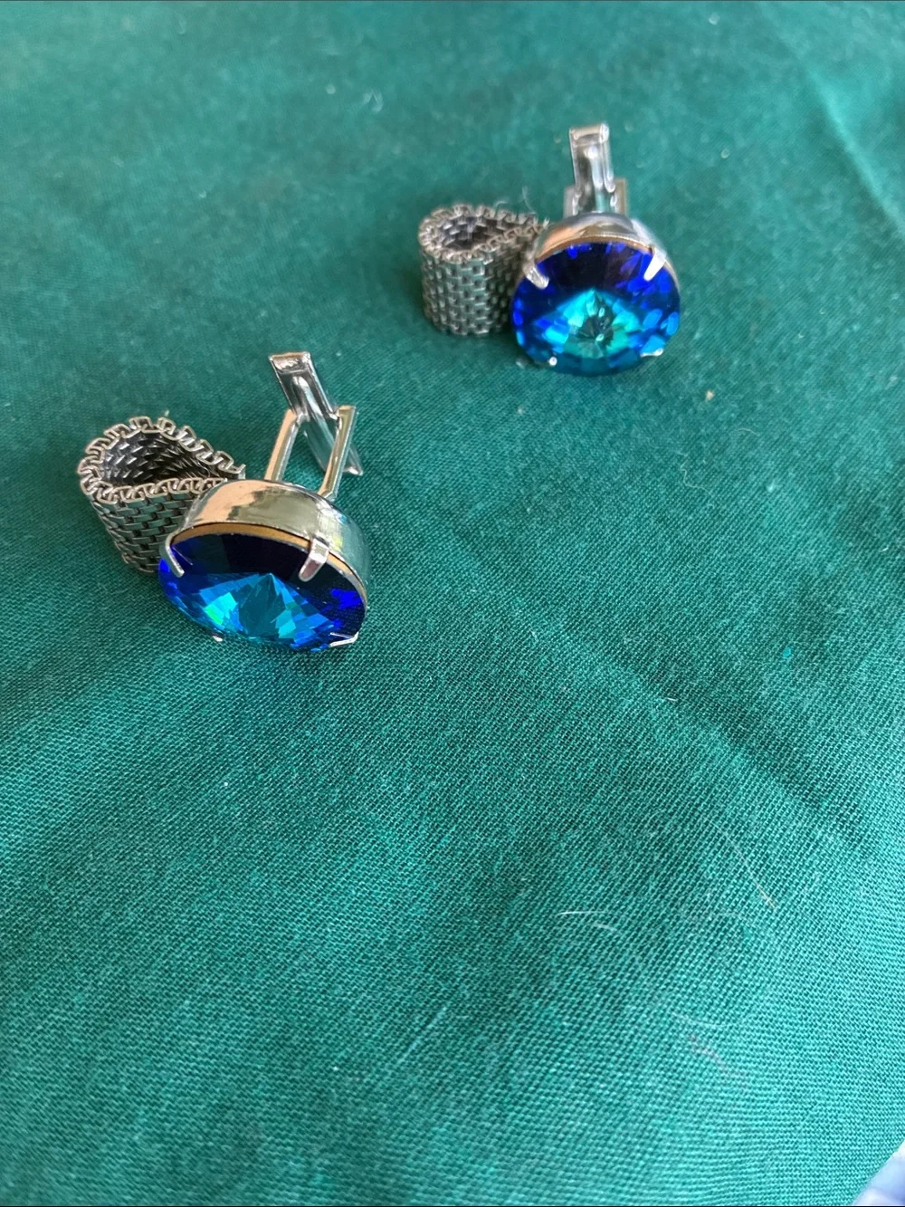 Silver Mesh Cufflinks with Blue Crystal Accent